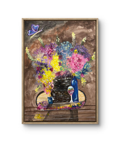 Original Painting – Floral Still Life with Butterfly and Wine Glass