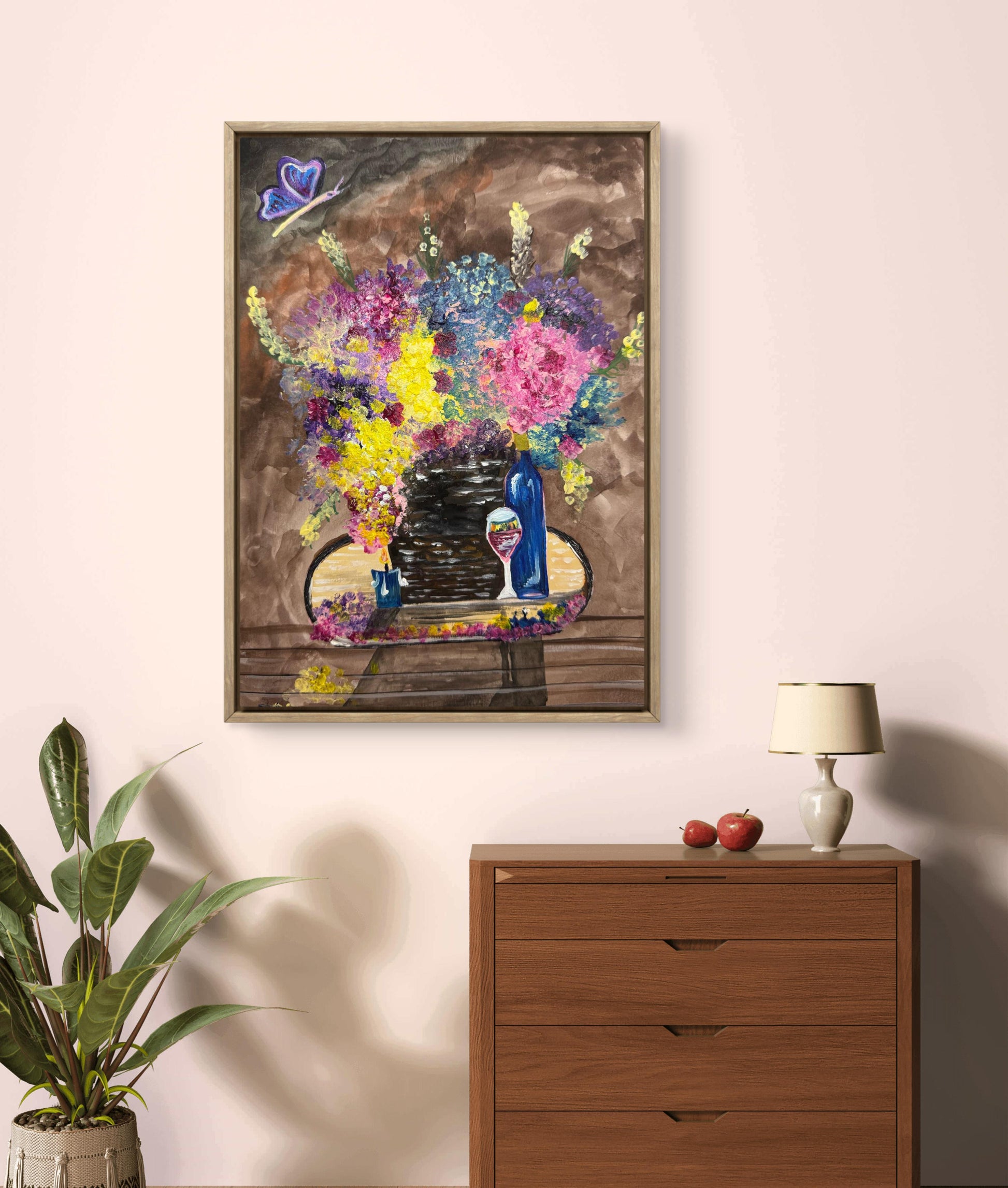 Original Painting – Floral Still Life with Butterfly and Wine Glass
