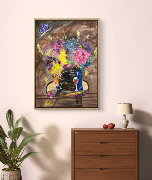 Original Painting – Floral Still Life with Butterfly and Wine Glass
