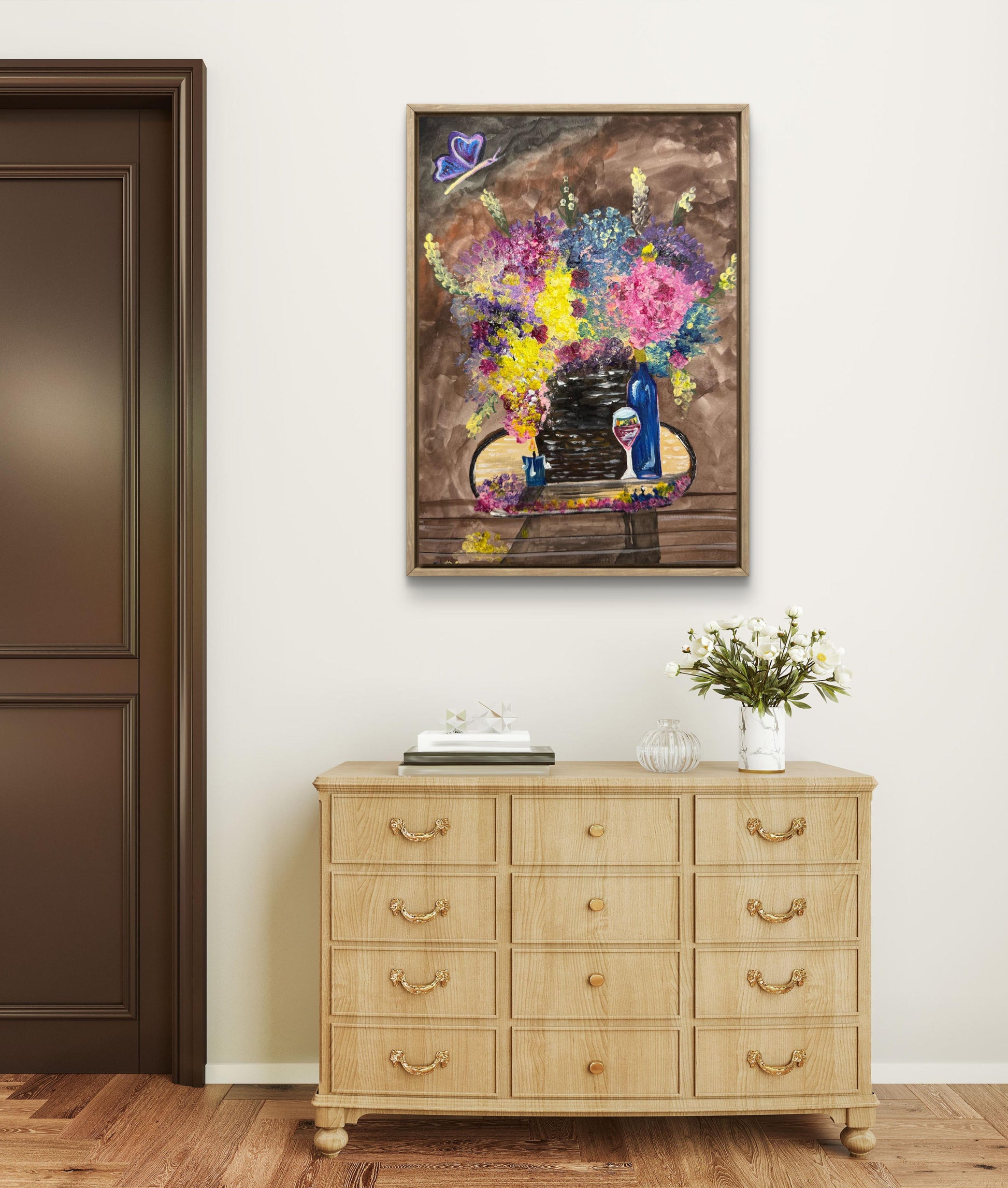 Original Painting – Floral Still Life with Butterfly and Wine Glass