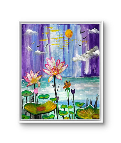 Framed artwork of lotus flowers and a purple sky with sun and clouds.