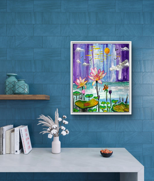Framed artwork of lotus flowers and a purple sky with sun and clouds.