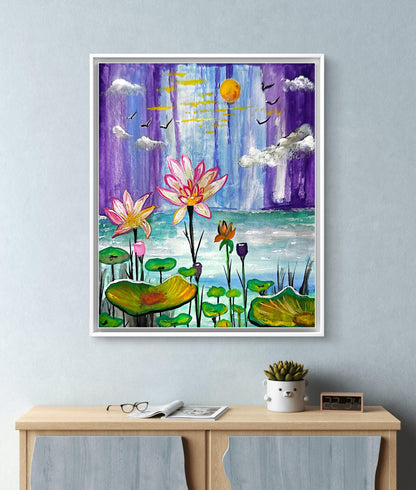 Framed artwork of lotus flowers and a purple sky with sun and clouds.