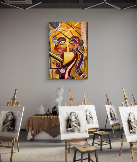 ethereal-connection-abstract-harmony-geometric-faces-print-with-gold-red-and-purple-unframed-print