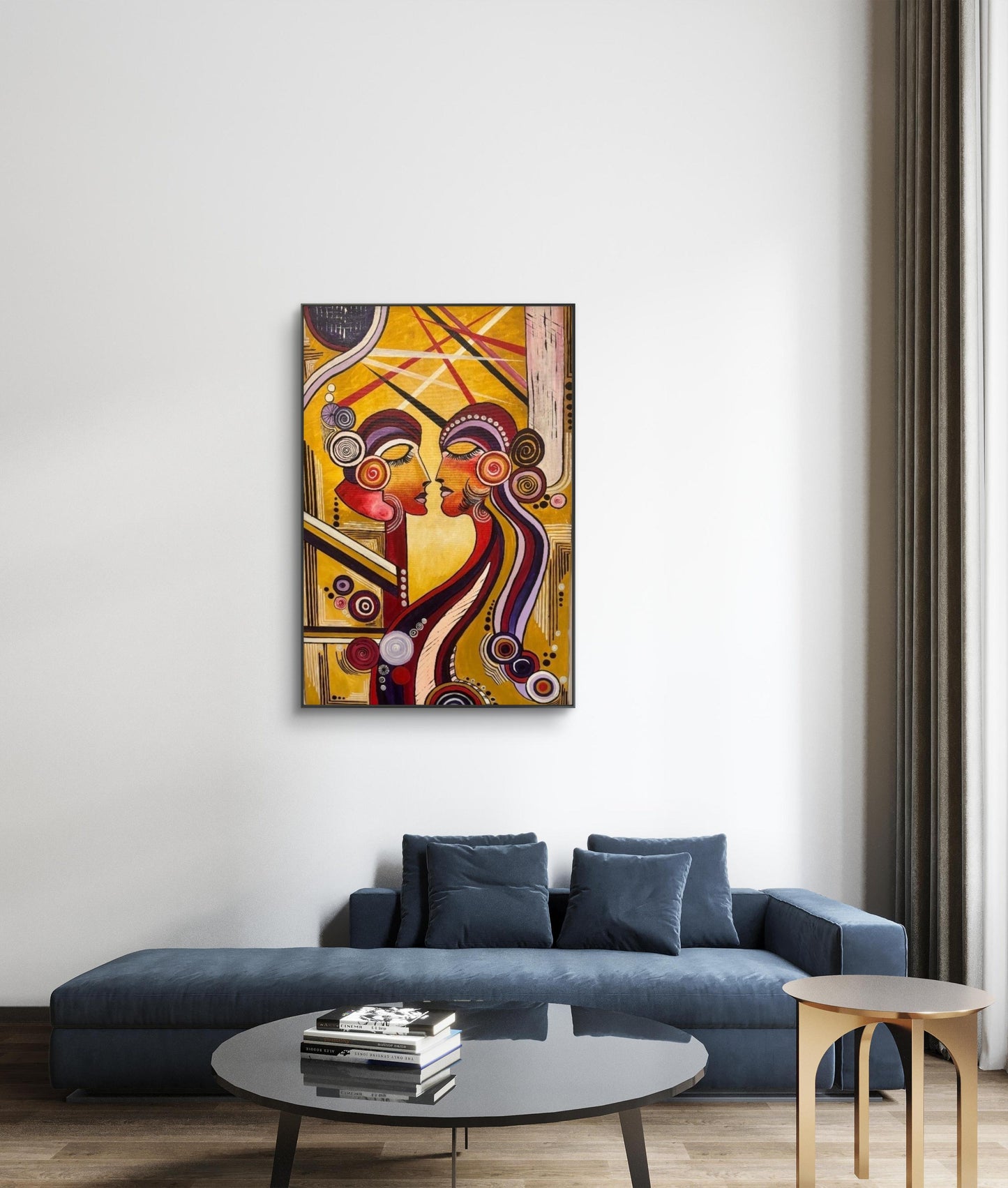 ethereal-connection-abstract-harmony-geometric-faces-print-with-gold-red-and-purple-unframed-print
