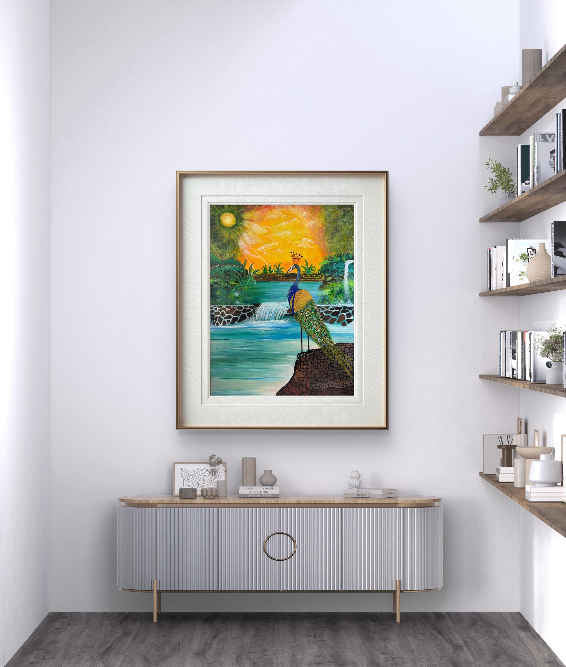 majestic-peacock-by-the-waterfall-nature-s-vibrant-elegance-unframed-print