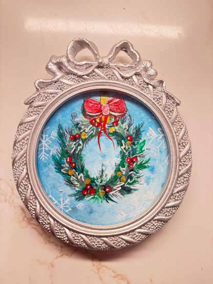 Handmade mini acrylic painting of a Christmas wreath in a decorative ornament frame