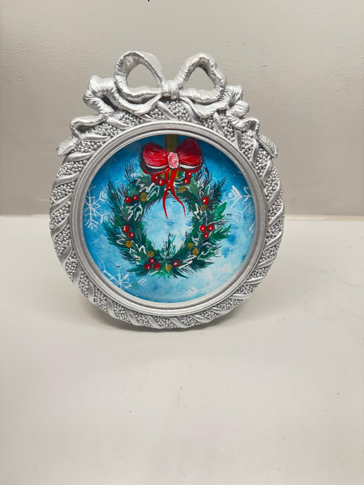 Handmade mini acrylic painting of a Christmas wreath in a decorative ornament frame