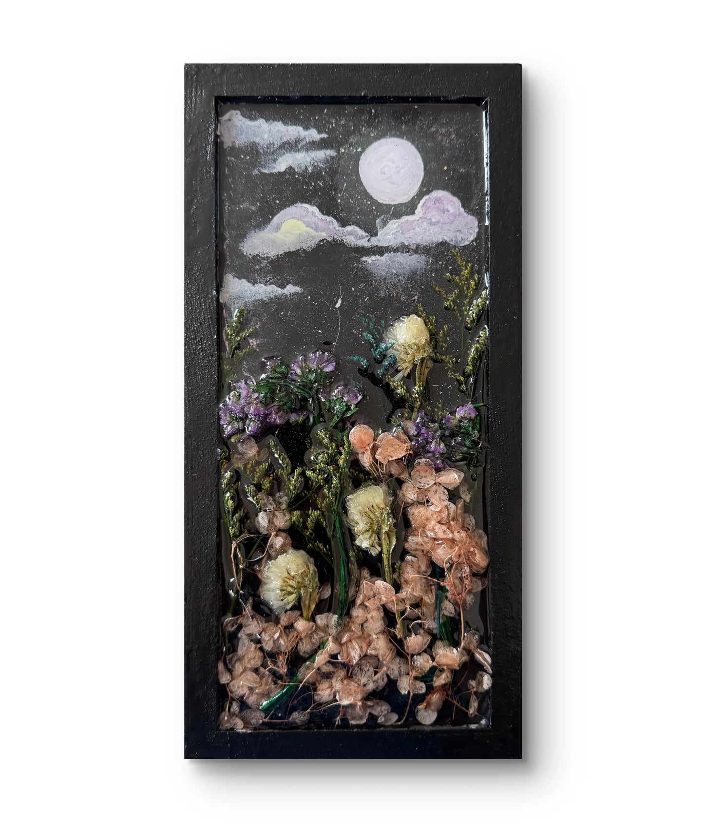 moonlit-floral-dreams-handmade-wood-panel-with-resin-art-acrylic-painting-dried-flower-wall-decor-mixed-media-nature-art