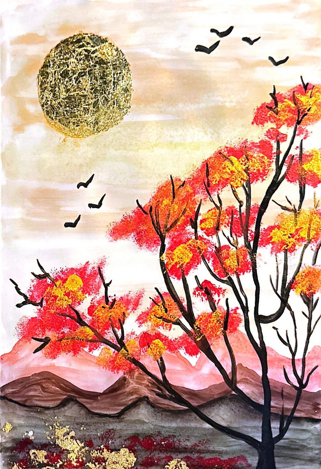 Card with a nature design featuring a bird over water and moon