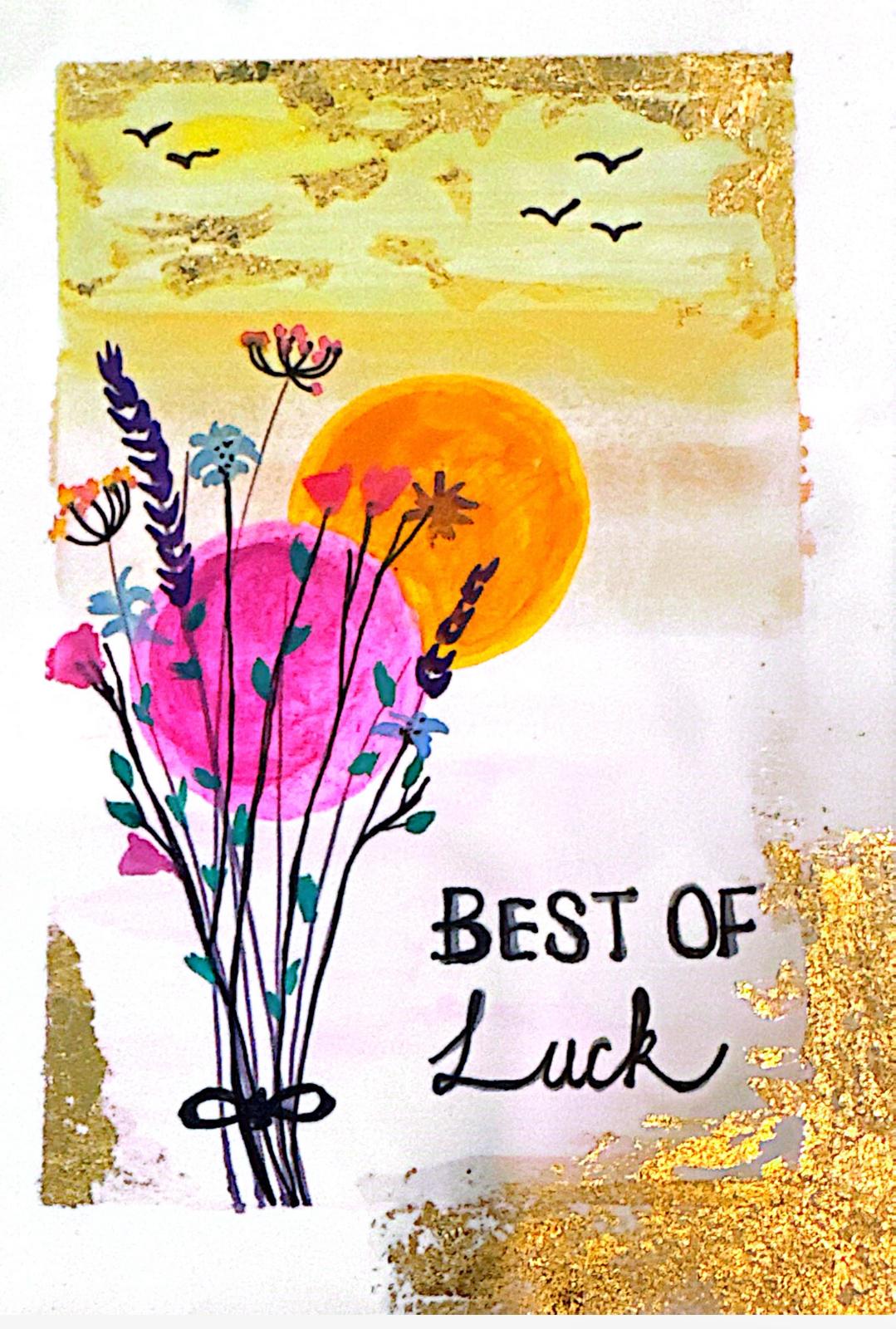 Greeting card with flowers, sun, and 'Best of Luck' text on a colorful background