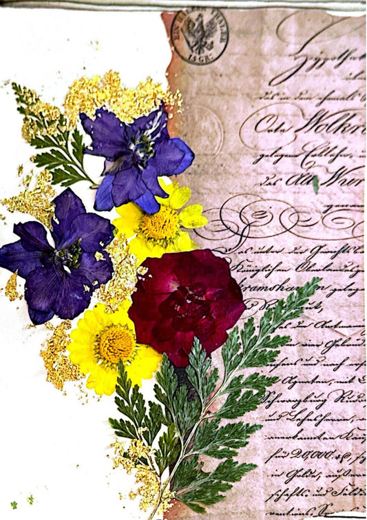 Colorful flowers on a vintage letter background