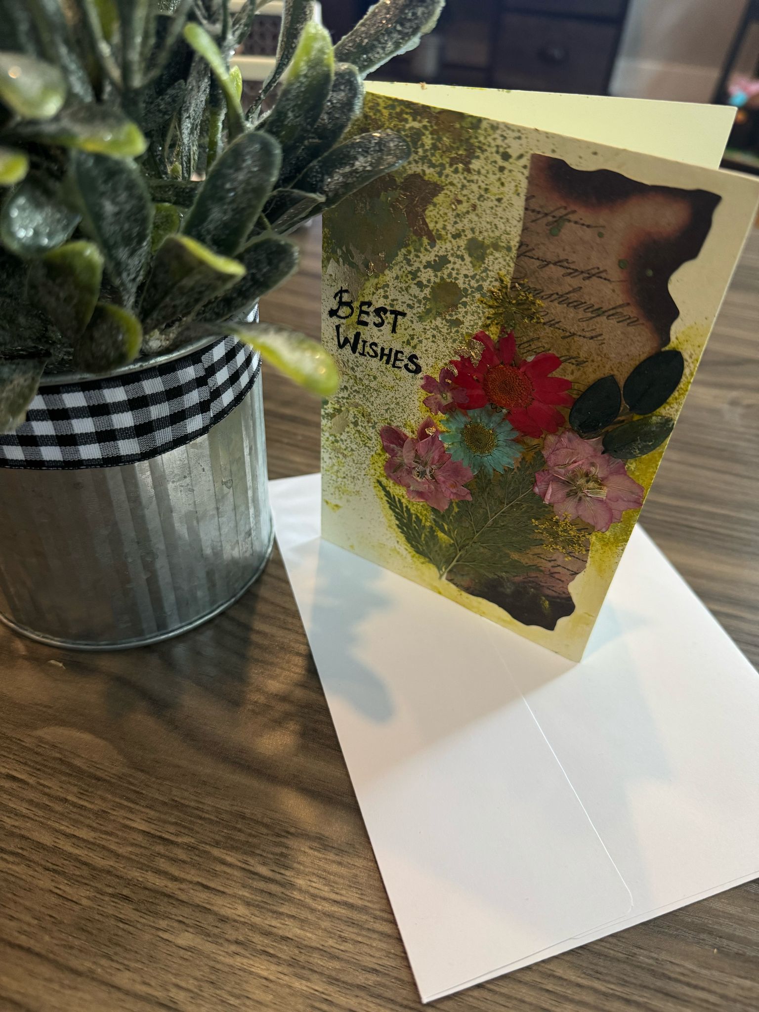 Greeting card with heart design and text .