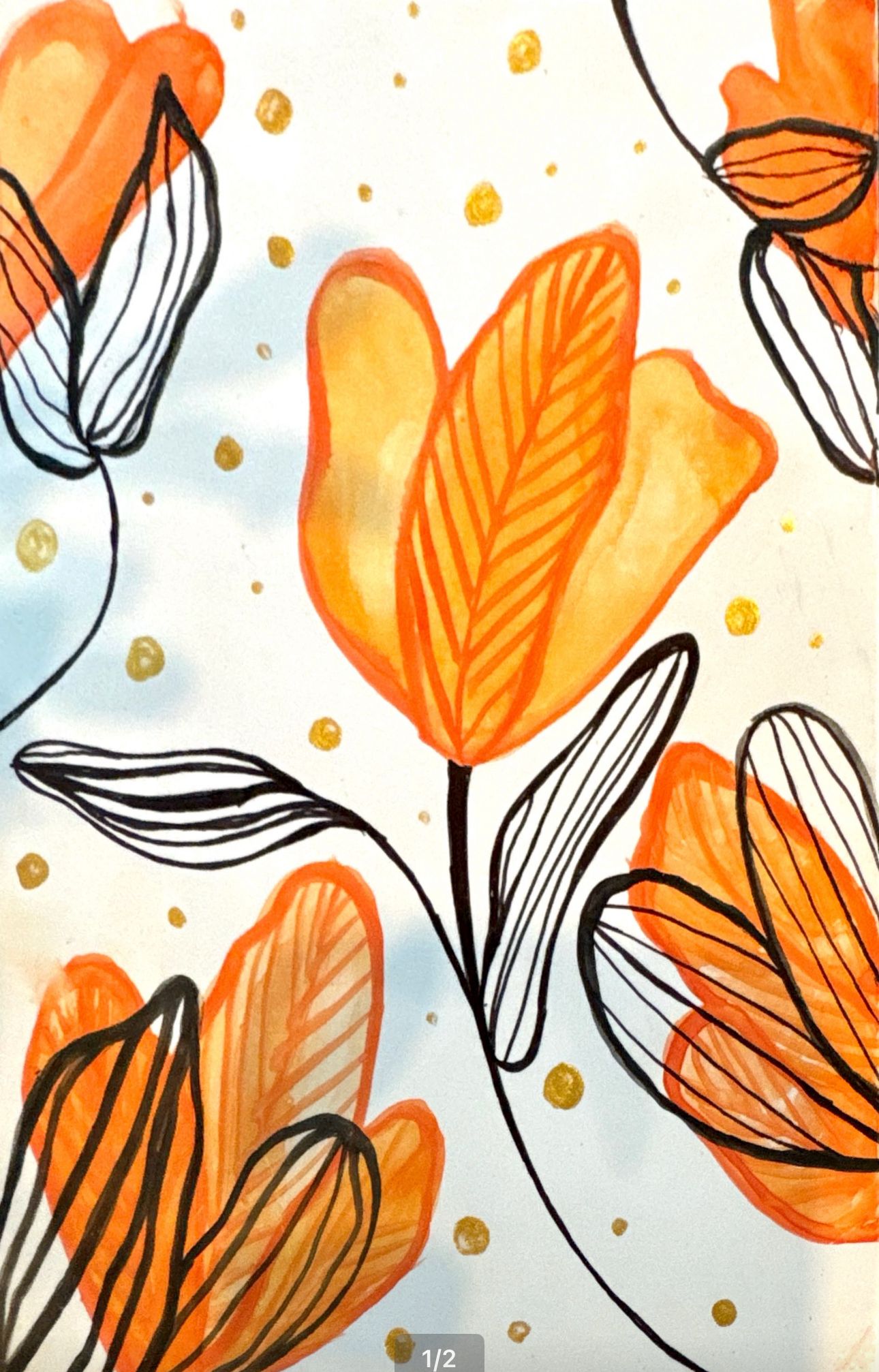 Pattern of orange flowers with black outlines on a light background