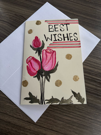 Card with pink roses and 'Best Wishes' text