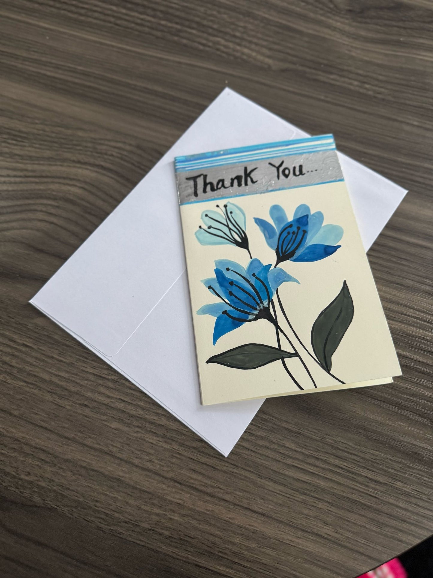 Greeting card with blue flowers and 'Thank You' text.