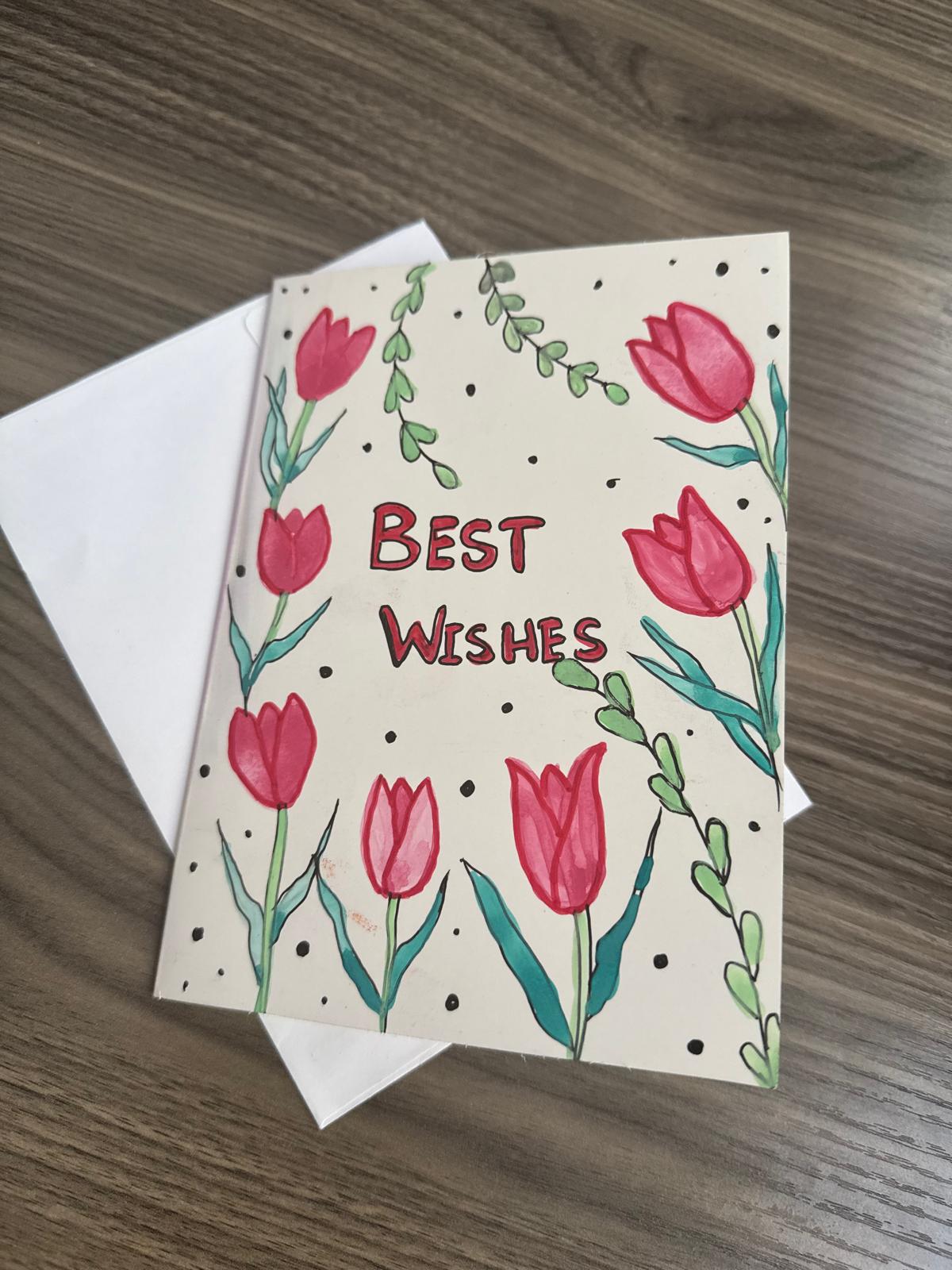 Greeting card with pink tulips and 'Best Wishes' 