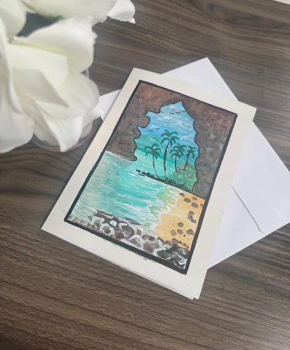Greeting card with beach scene design .