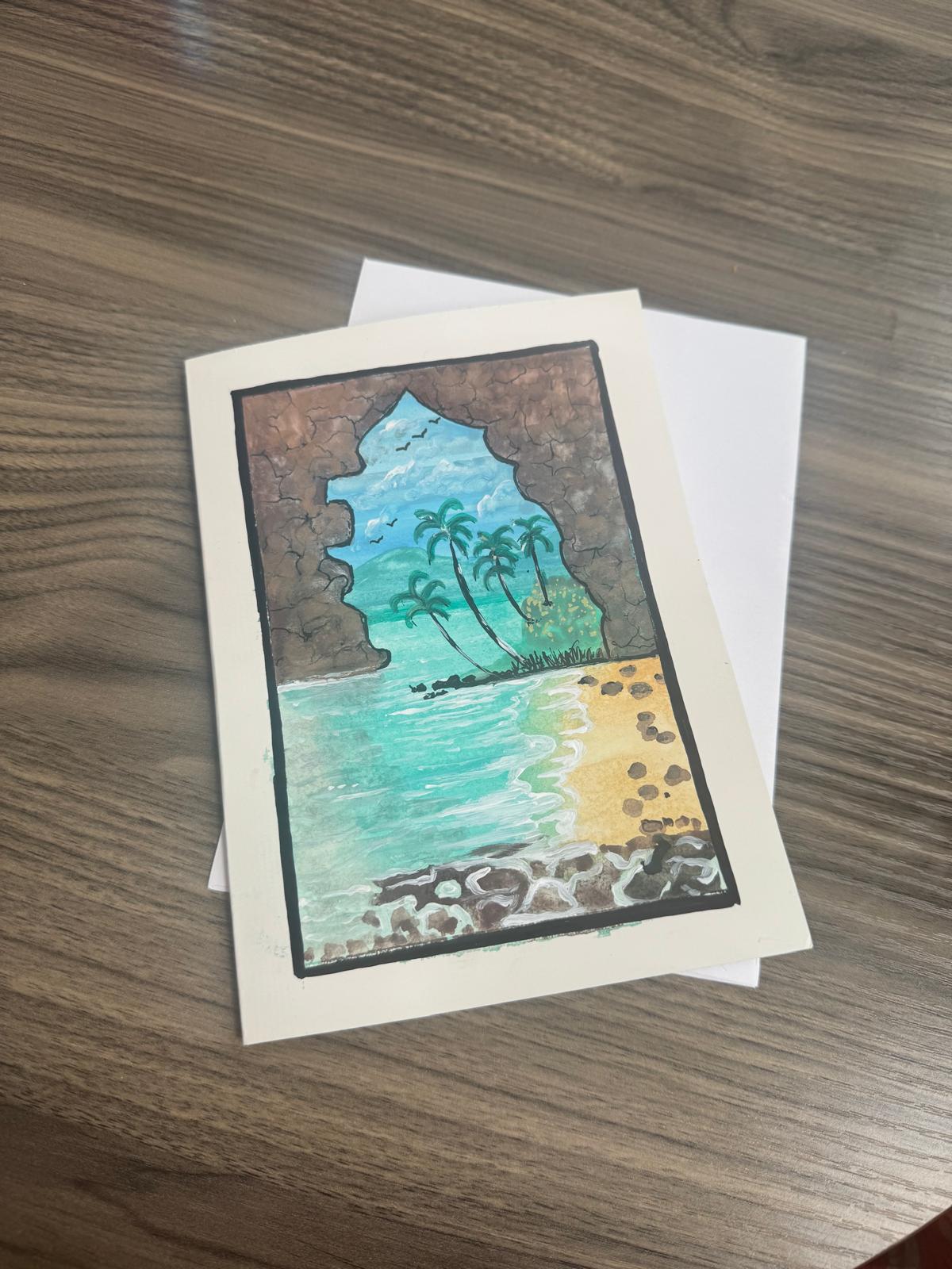 Hand-painted greeting card with tropical beach, palm trees, and turquoise water – blank inside with envelope.