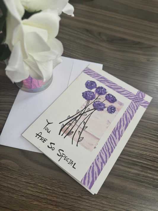 Handmade floral greeting card with purple flowers and You Are So Special text – 5x7 inches, blank inside with envelope.
