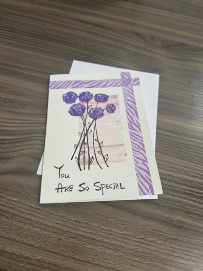 Handmade floral greeting card with purple flowers and You Are So Special text – 5x7 inches, blank inside with envelope.