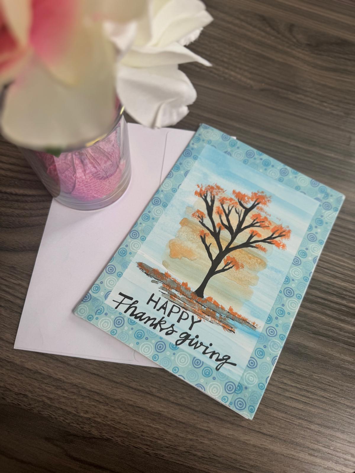 Handmade Thanksgiving greeting card with autumn tree and Happy Thanksgiving text – blank inside with envelope.