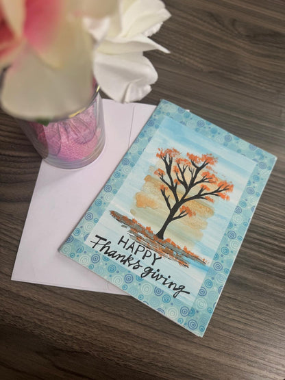 Handmade Thanksgiving greeting card with autumn tree and Happy Thanksgiving text – blank inside with envelope.