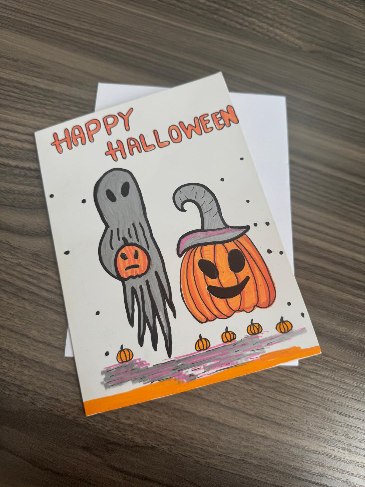 Hand-painted Halloween card with ghost and pumpkin characters and Happy Halloween text – blank inside with envelope.