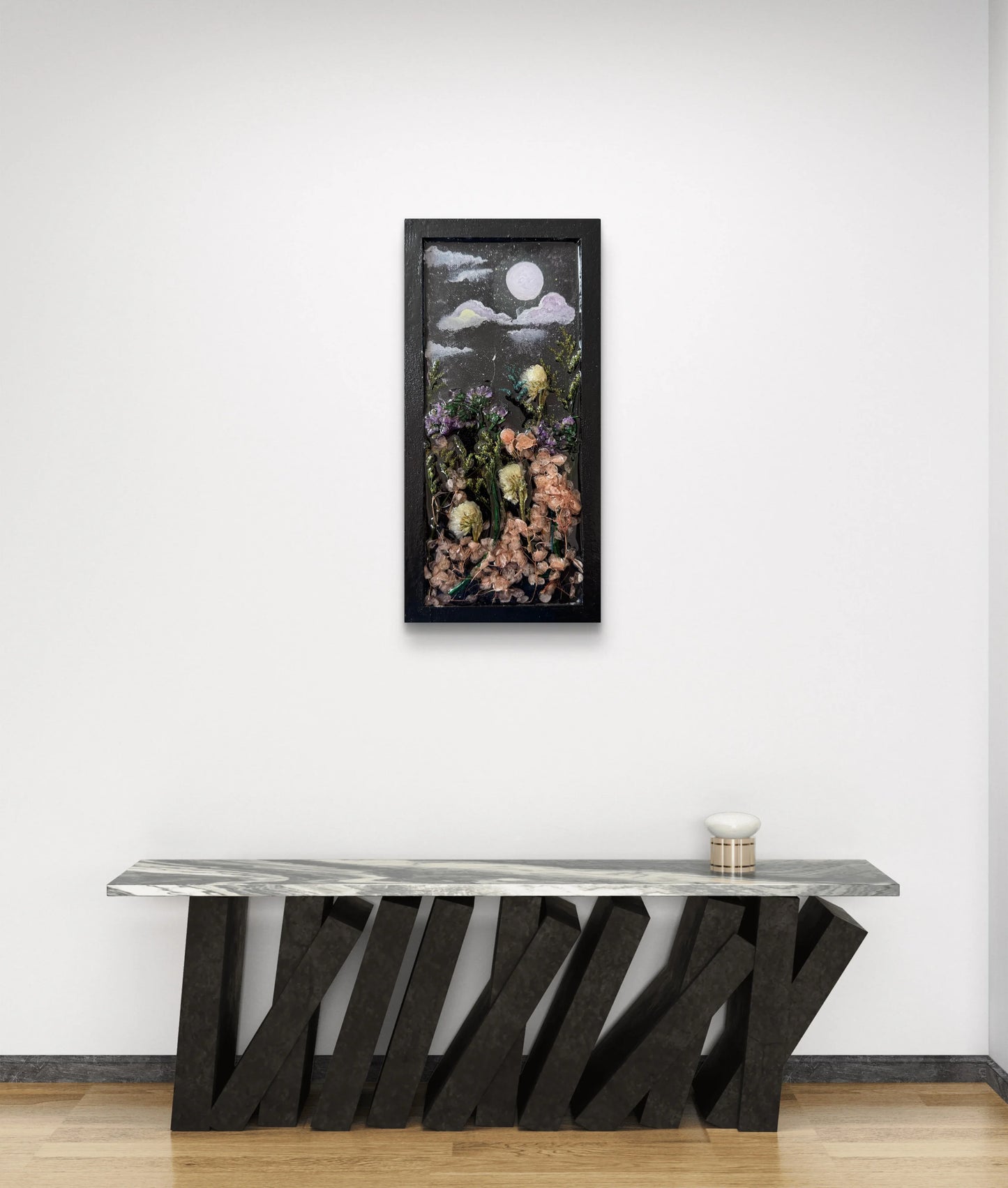 moonlit-floral-dreams-handmade-wood-panel-with-resin-art-acrylic-painting-dried-flower-wall-decor-mixed-media-nature-art