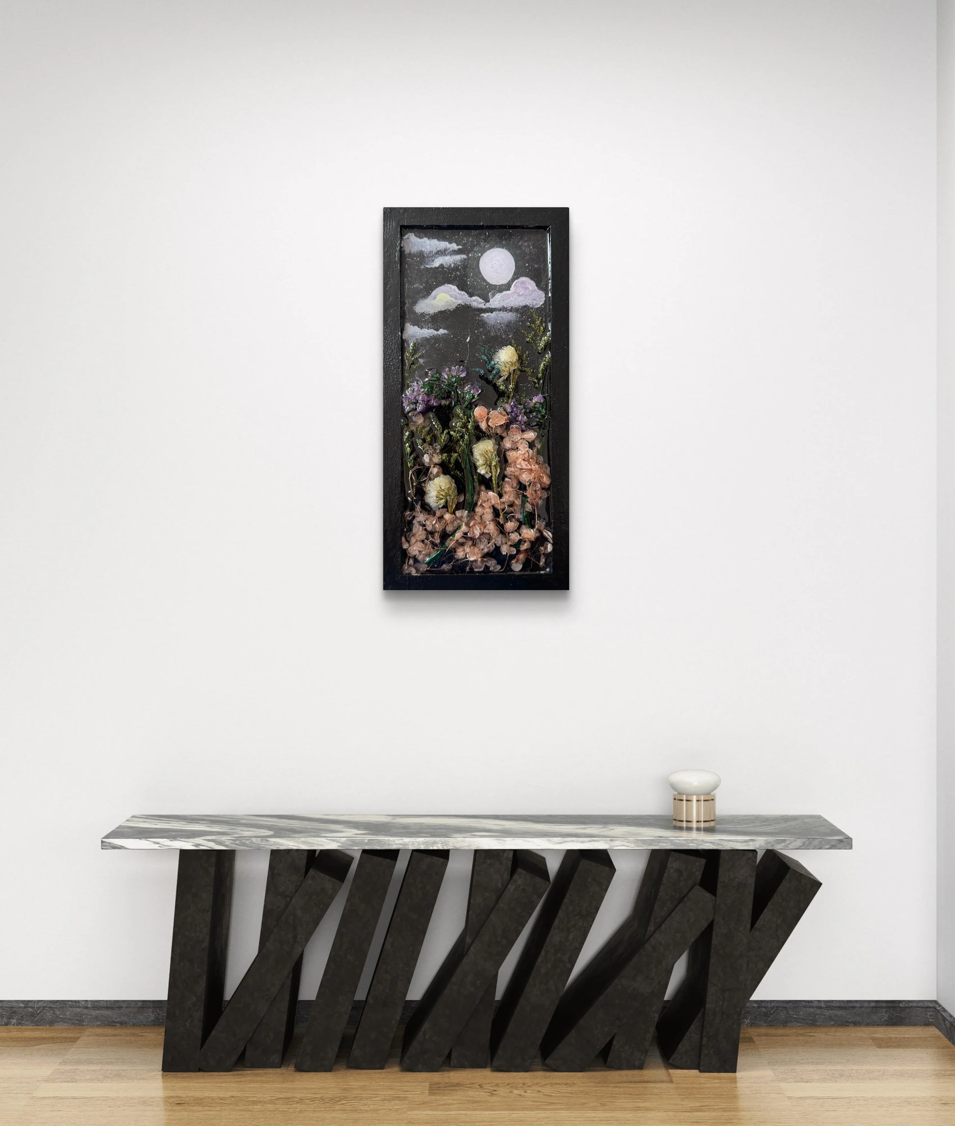 moonlit-floral-dreams-handmade-wood-panel-with-resin-art-acrylic-painting-dried-flower-wall-decor-mixed-media-nature-art