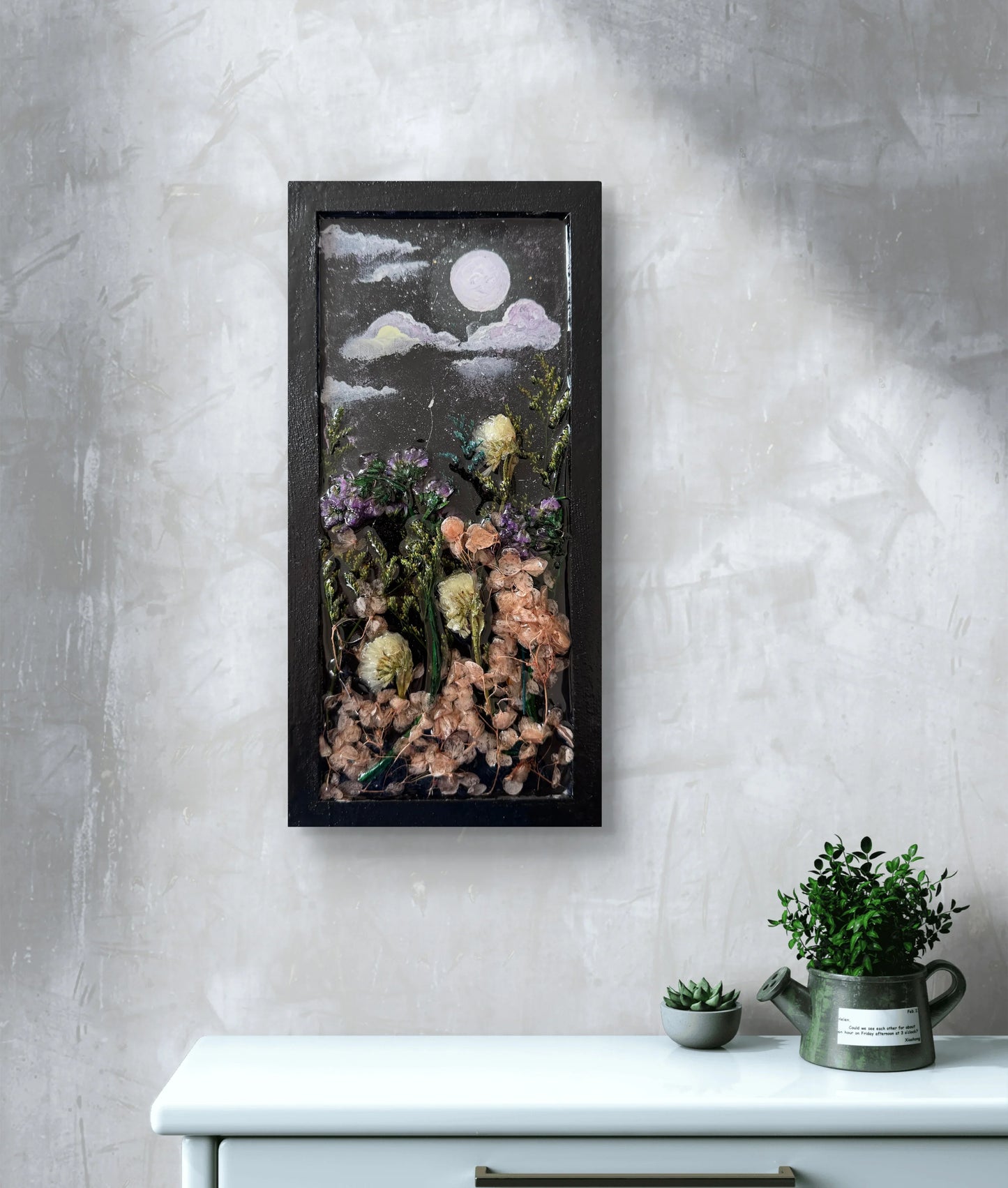 moonlit-floral-dreams-handmade-wood-panel-with-resin-art-acrylic-painting-dried-flower-wall-decor-mixed-media-nature-art