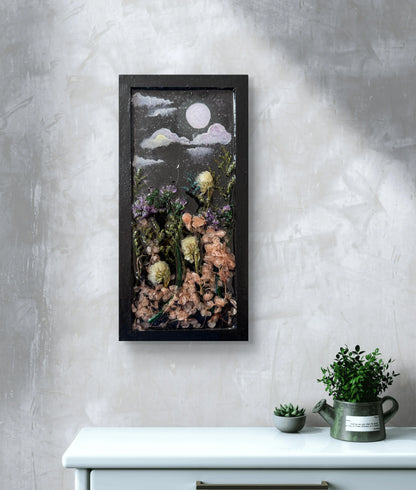 moonlit-floral-dreams-handmade-wood-panel-with-resin-art-acrylic-painting-dried-flower-wall-decor-mixed-media-nature-art