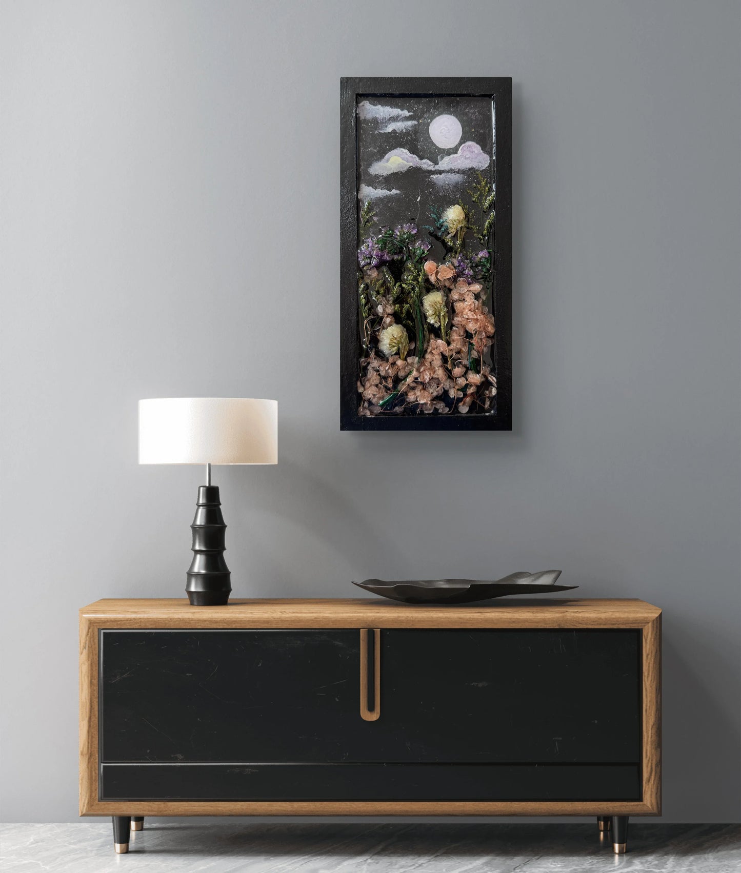 moonlit-floral-dreams-handmade-wood-panel-with-resin-art-acrylic-painting-dried-flower-wall-decor-mixed-media-nature-art