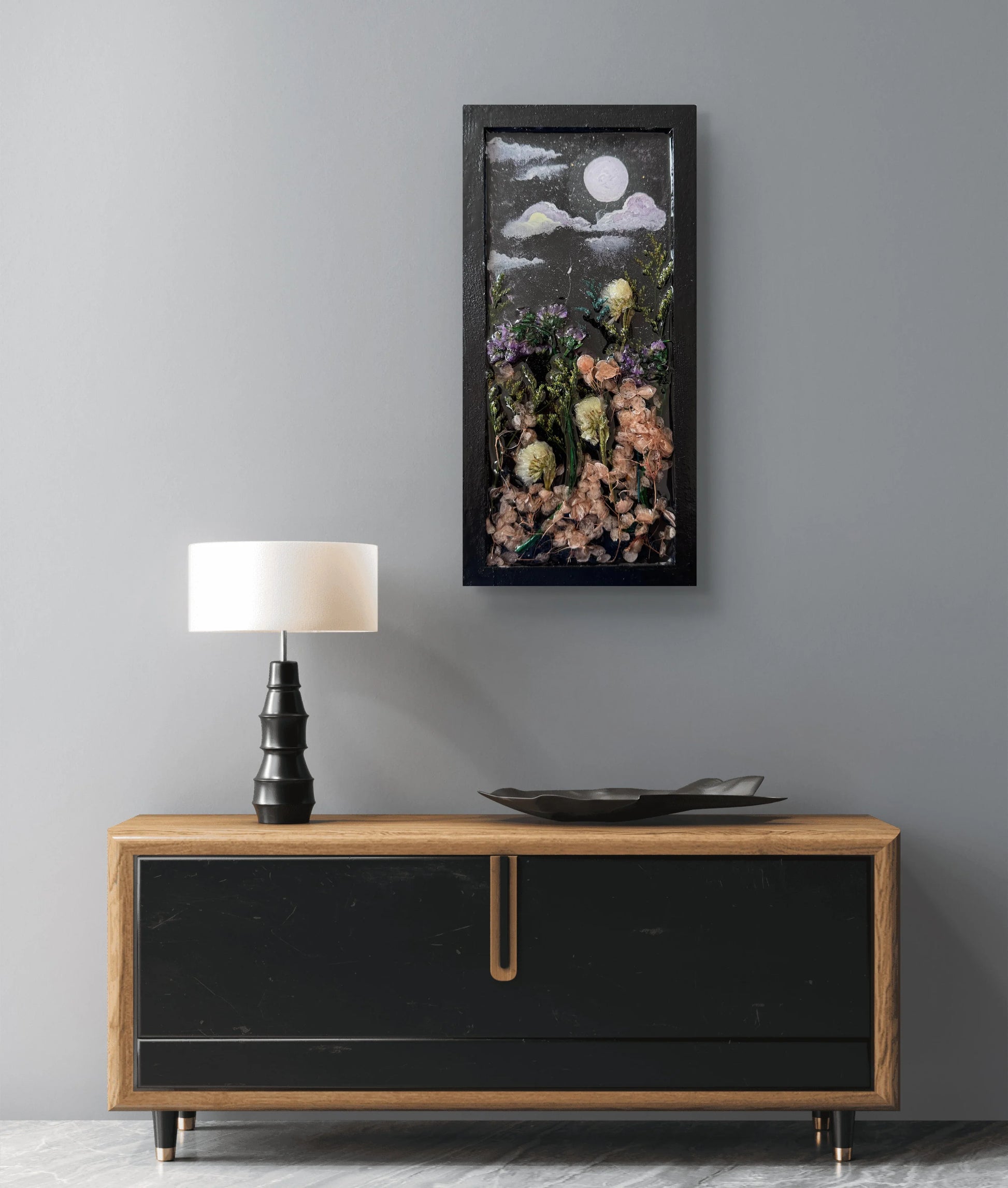 moonlit-floral-dreams-handmade-wood-panel-with-resin-art-acrylic-painting-dried-flower-wall-decor-mixed-media-nature-art