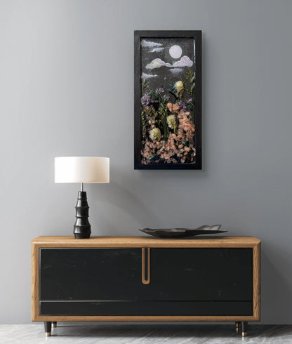 moonlit-floral-dreams-handmade-wood-panel-with-resin-art-acrylic-painting-dried-flower-wall-decor-mixed-media-nature-art