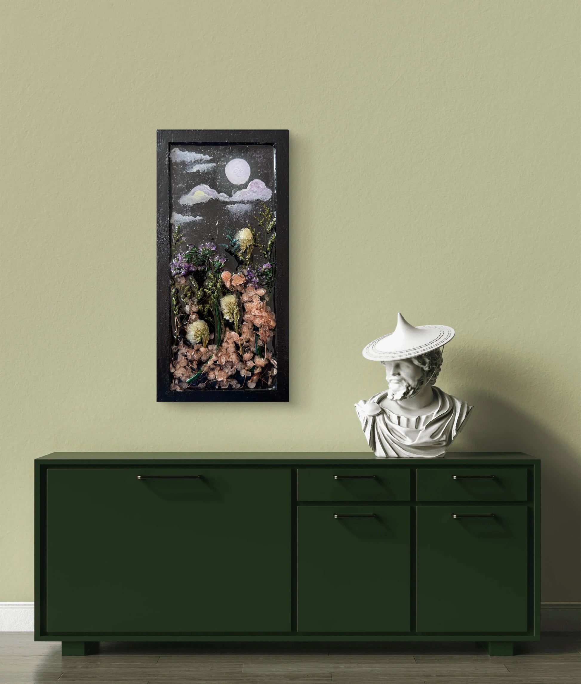 moonlit-floral-dreams-handmade-wood-panel-with-resin-art-acrylic-painting-dried-flower-wall-decor-mixed-media-nature-art