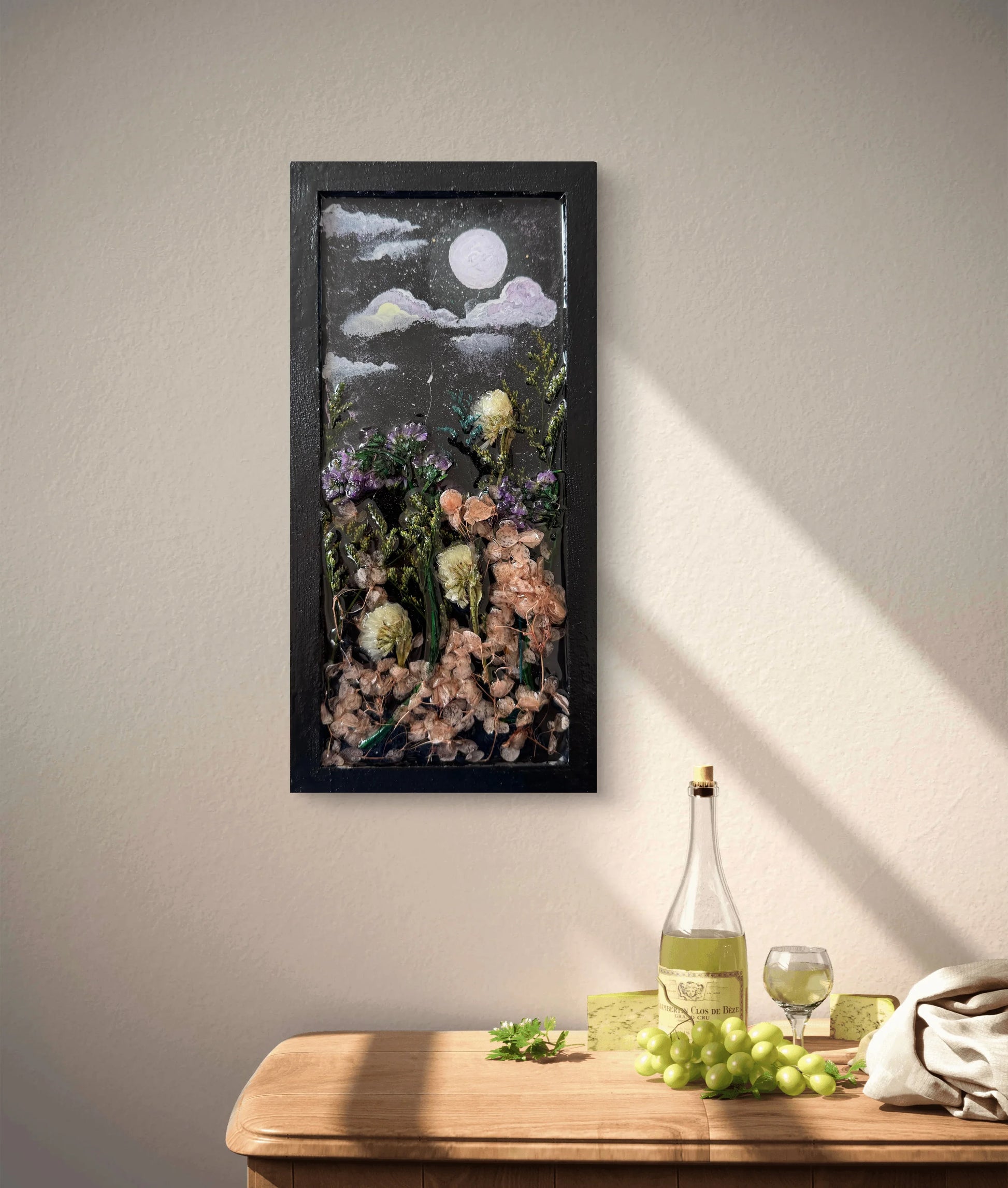 moonlit-floral-dreams-handmade-wood-panel-with-resin-art-acrylic-painting-dried-flower-wall-decor-mixed-media-nature-art