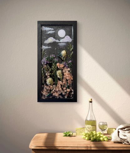 moonlit-floral-dreams-handmade-wood-panel-with-resin-art-acrylic-painting-dried-flower-wall-decor-mixed-media-nature-art