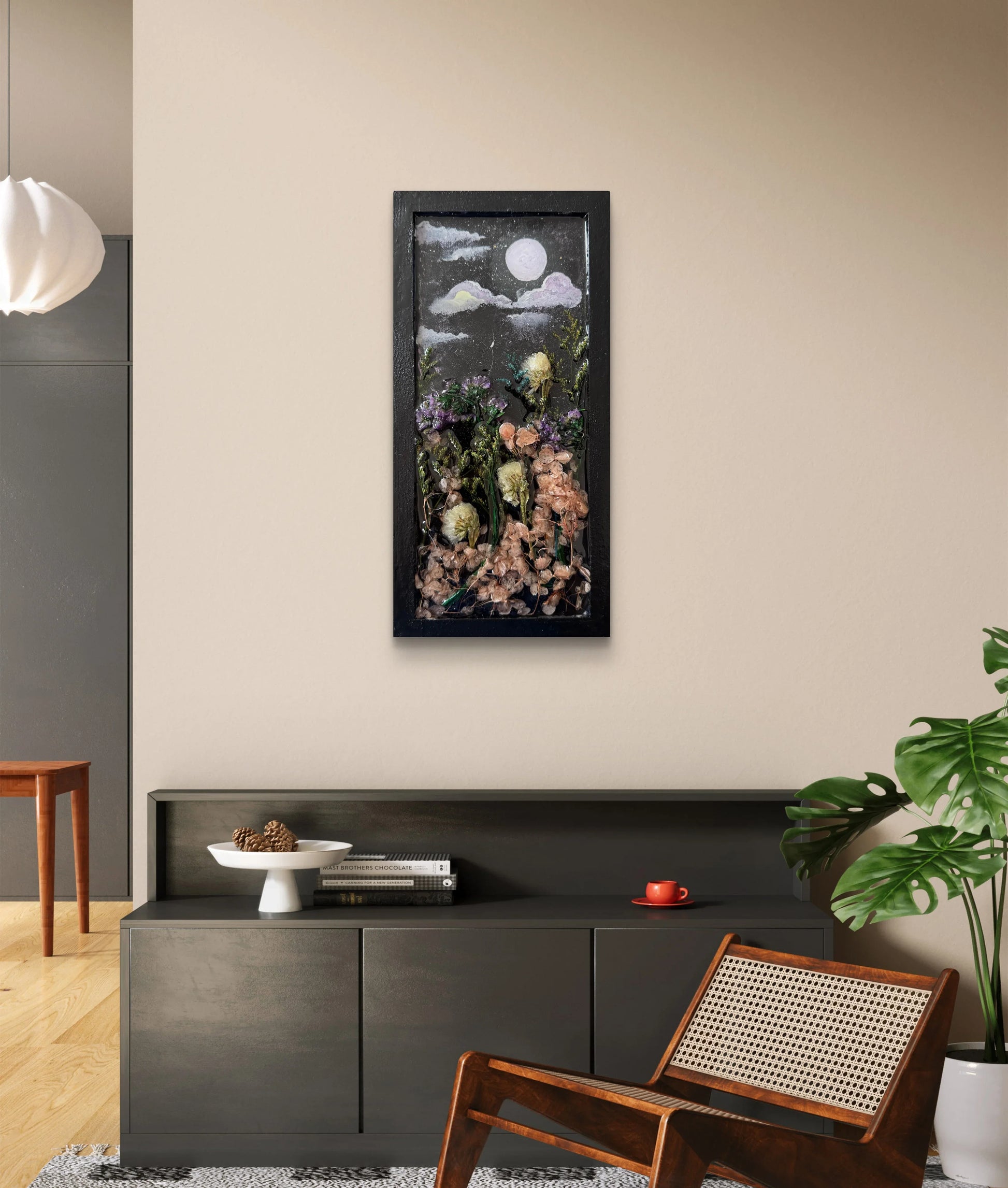moonlit-floral-dreams-handmade-wood-panel-with-resin-art-acrylic-painting-dried-flower-wall-decor-mixed-media-nature-art
