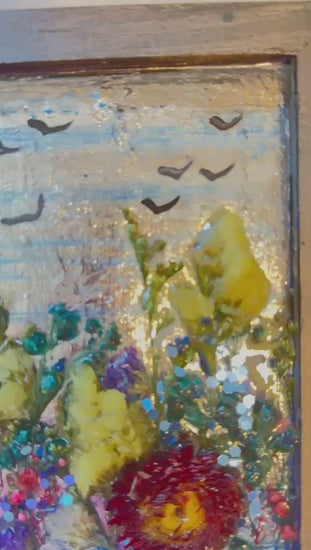 Handmade Dried Flower Frame with Birds and Glitter Accents