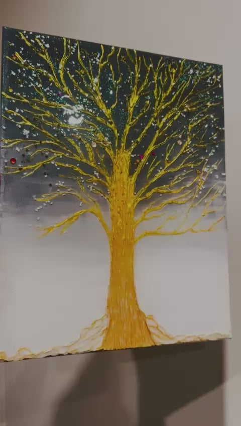 Original mixed media painting on 11x14 inch canvas featuring a golden textured tree with shimmering accents on a black and silver gradient background.